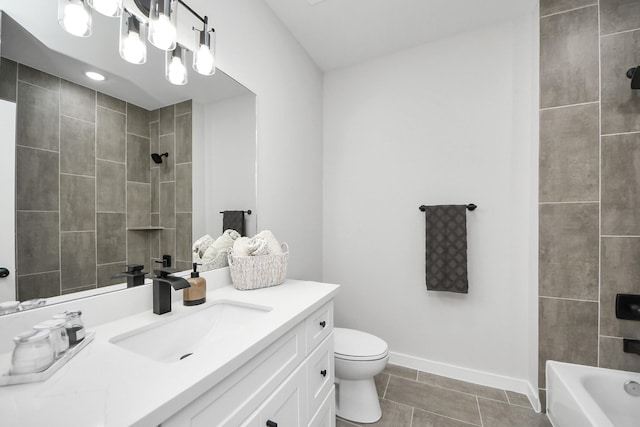 full bath featuring vanity, tile patterned floors, toilet, and baseboards