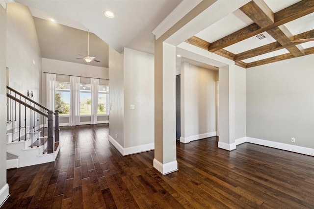 entryway with visible vents, baseboards, coffered ceiling, and hardwood / wood-style floors