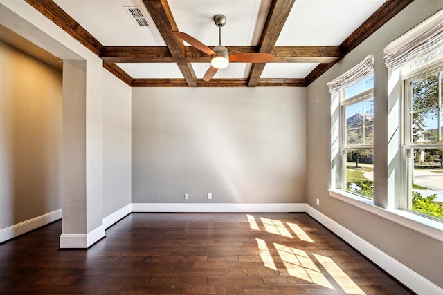 empty room featuring dark wood-style floors, baseboards, visible vents, and coffered ceiling