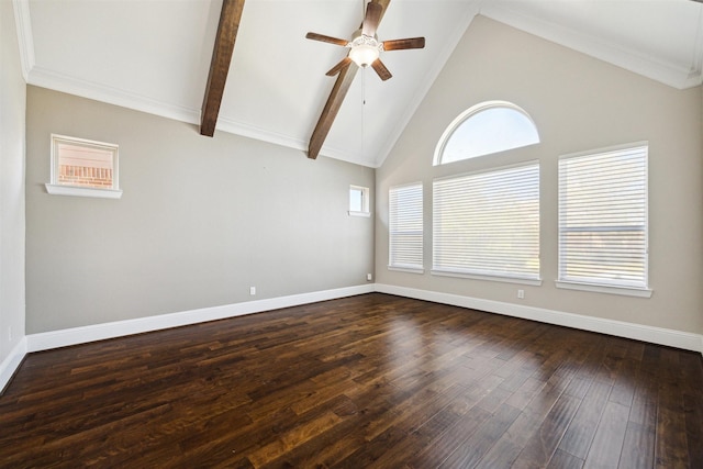 spare room featuring baseboards, high vaulted ceiling, dark wood-style floors, and a ceiling fan