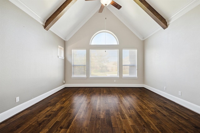 spare room featuring beamed ceiling, dark wood-style floors, and baseboards