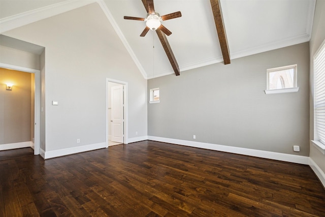 unfurnished room with baseboards, dark wood-type flooring, beam ceiling, and ceiling fan