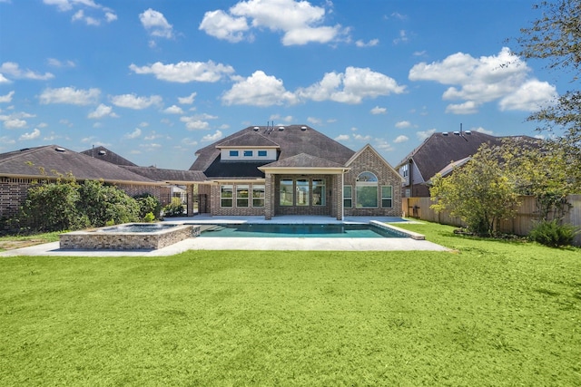 rear view of property with a lawn, a fenced backyard, a fenced in pool, brick siding, and an in ground hot tub