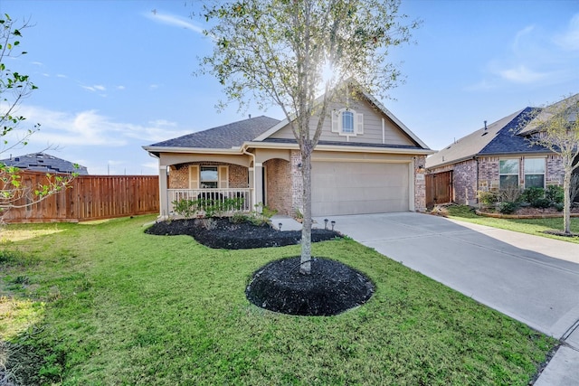 view of front of home with a front yard, fence, a porch, an attached garage, and concrete driveway