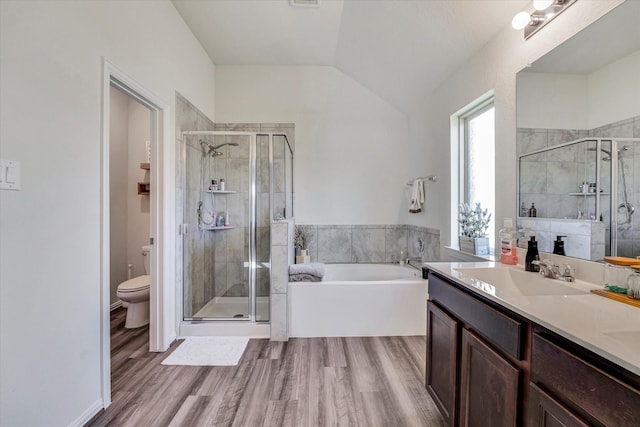 full bathroom featuring a shower stall, toilet, a garden tub, wood finished floors, and a sink