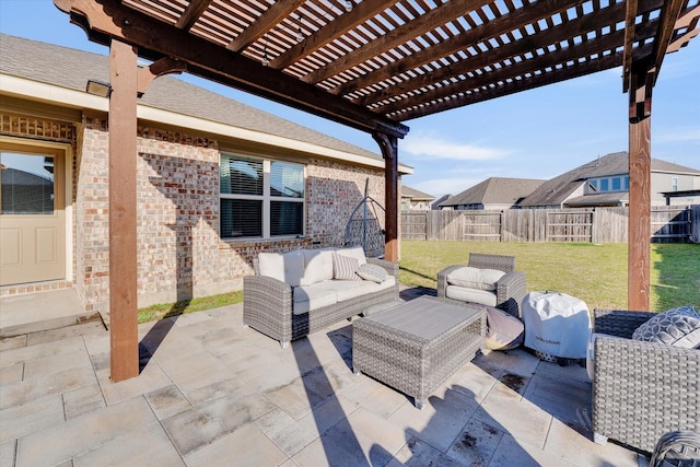 view of patio with outdoor lounge area, a fenced backyard, and a pergola