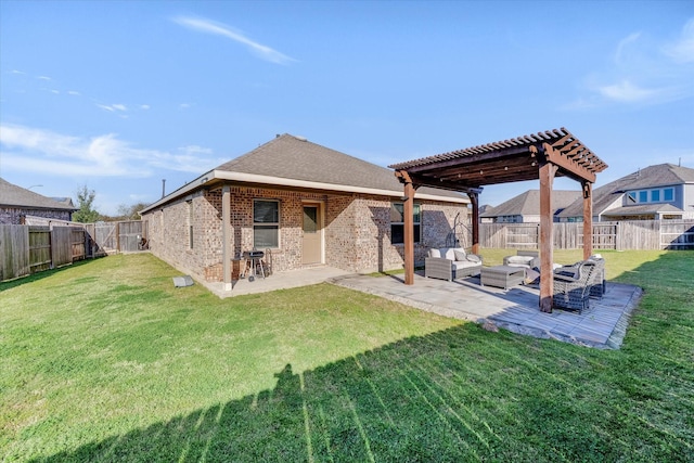 rear view of property with a patio, a fenced backyard, a pergola, and an outdoor hangout area