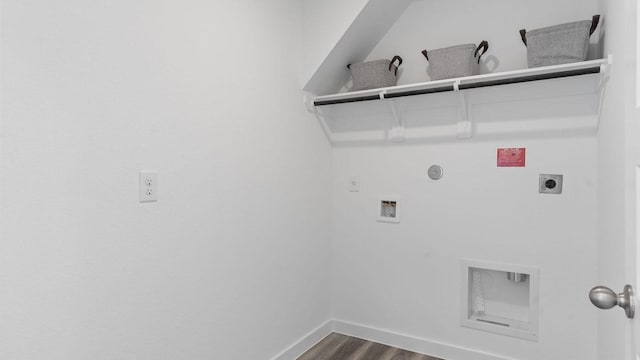 washroom featuring hookup for a washing machine, baseboards, laundry area, electric dryer hookup, and dark wood-type flooring