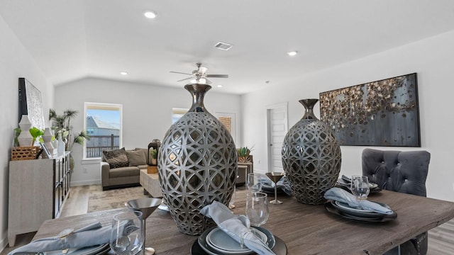 dining space with recessed lighting, wood finished floors, visible vents, and ceiling fan