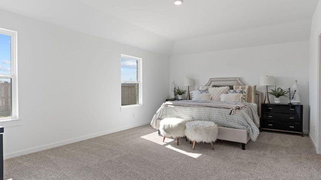 bedroom featuring recessed lighting, baseboards, carpet, and vaulted ceiling