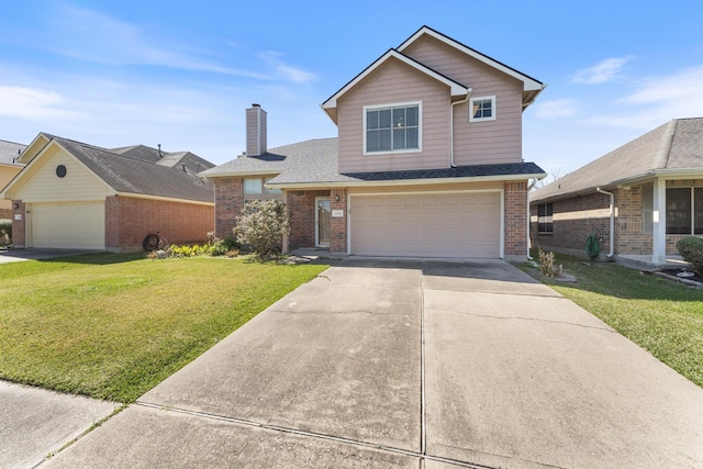 traditional home featuring a front yard, a chimney, concrete driveway, a garage, and brick siding