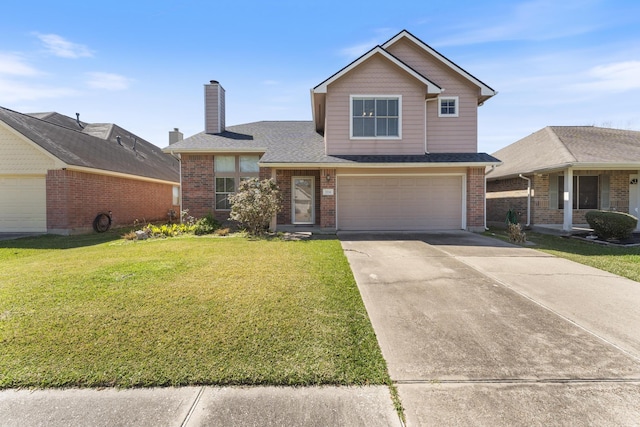 traditional home featuring brick siding, concrete driveway, a front yard, roof with shingles, and a garage