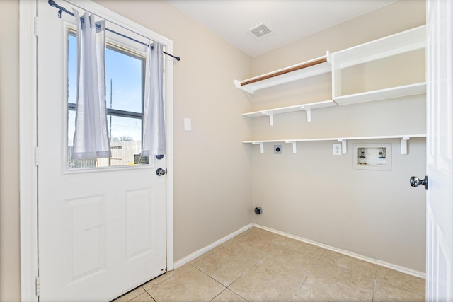 laundry room with baseboards, visible vents, laundry area, electric dryer hookup, and washer hookup