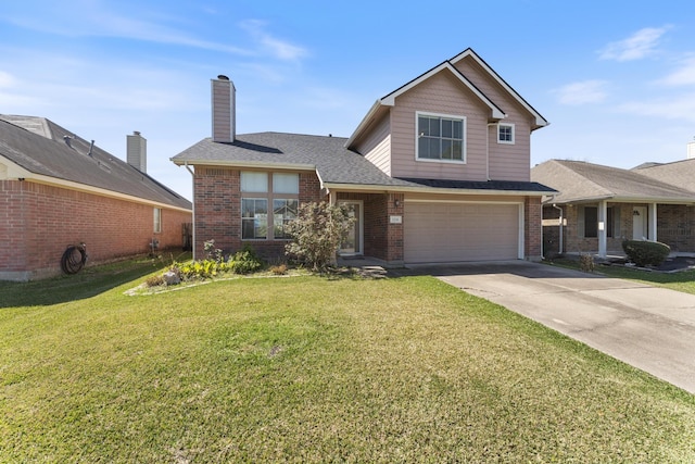 traditional-style house with a front yard, a chimney, concrete driveway, a garage, and brick siding