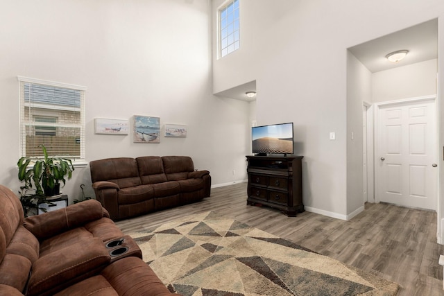 living room with baseboards, wood finished floors, and a towering ceiling