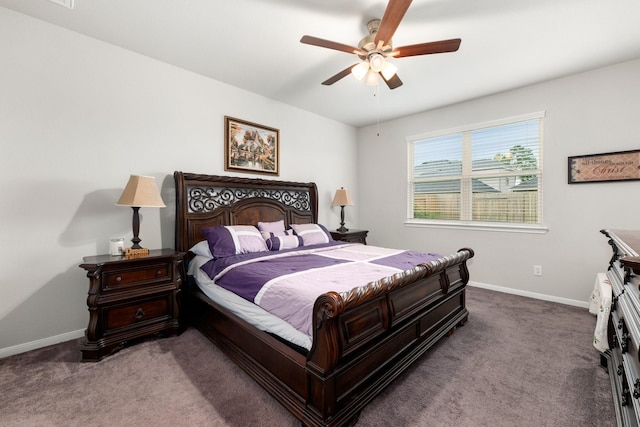 bedroom featuring carpet flooring, a ceiling fan, and baseboards