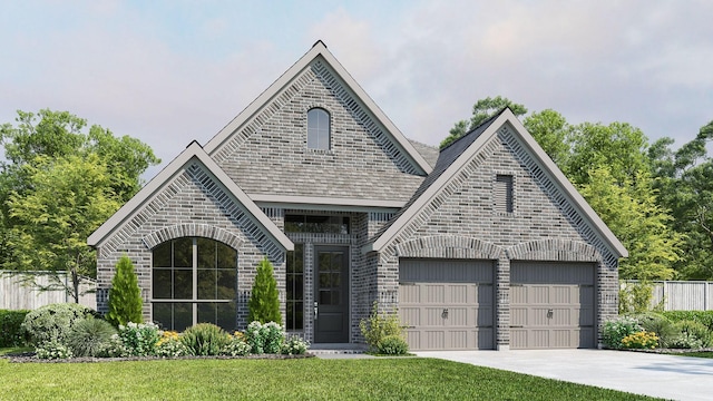 view of front of house featuring brick siding, a shingled roof, a front lawn, concrete driveway, and a garage