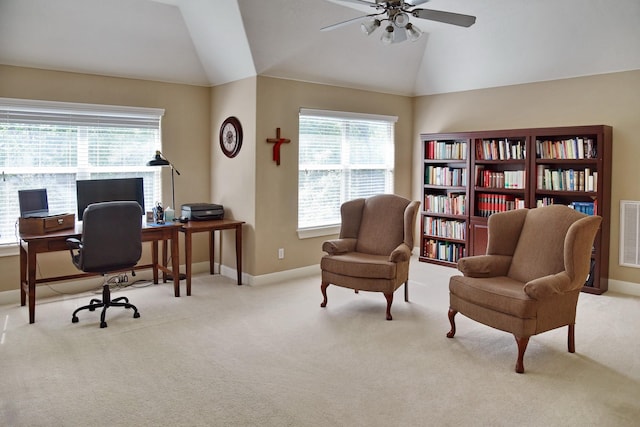 16815 Coronado Springs Dr, Spring, TX 77379 - carpeted office space featuring baseboards, vaulted ceiling, visible vents, and a ceiling fan