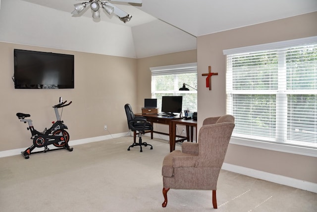 16815 Coronado Springs Dr, Spring, TX 77379 - carpeted office space with baseboards, lofted ceiling, and ceiling fan