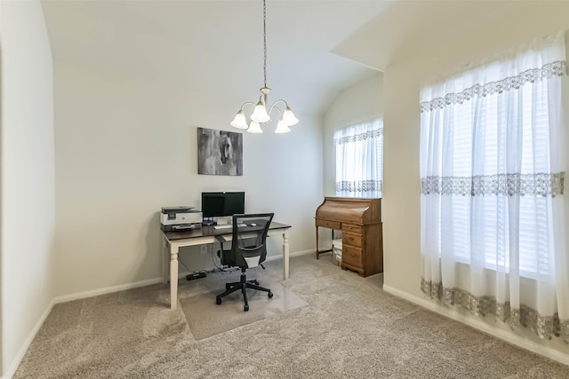 carpeted home office with baseboards, lofted ceiling, and an inviting chandelier