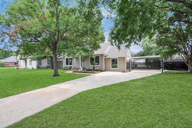 view of front of property with a front lawn, a gate, fence, and a shingled roof