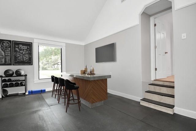 bar featuring a dry bar, baseboards, and vaulted ceiling