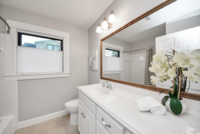 full bathroom with tile patterned floors, visible vents, toilet, baseboards, and vanity