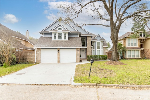 view of front facade with driveway, a front lawn, roof with shingles, a garage, and brick siding