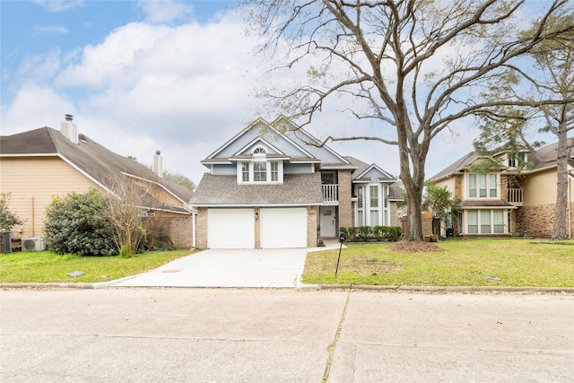 view of front of home with brick siding, a front yard, ac unit, a garage, and driveway