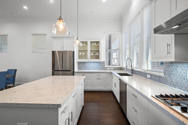 2721 Maxroy St, Houston, TX 77007 - kitchen with dark wood-style floors, a sink, ornamental molding, stainless steel appliances, and under cabinet range hood