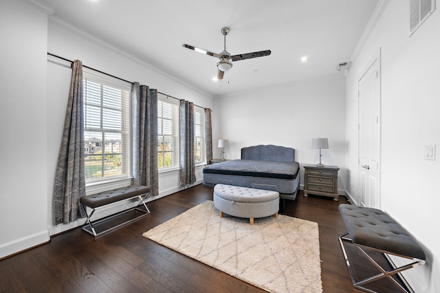 2721 Maxroy St, Houston, TX 77007 - bedroom with visible vents, ornamental molding, a ceiling fan, wood finished floors, and baseboards
