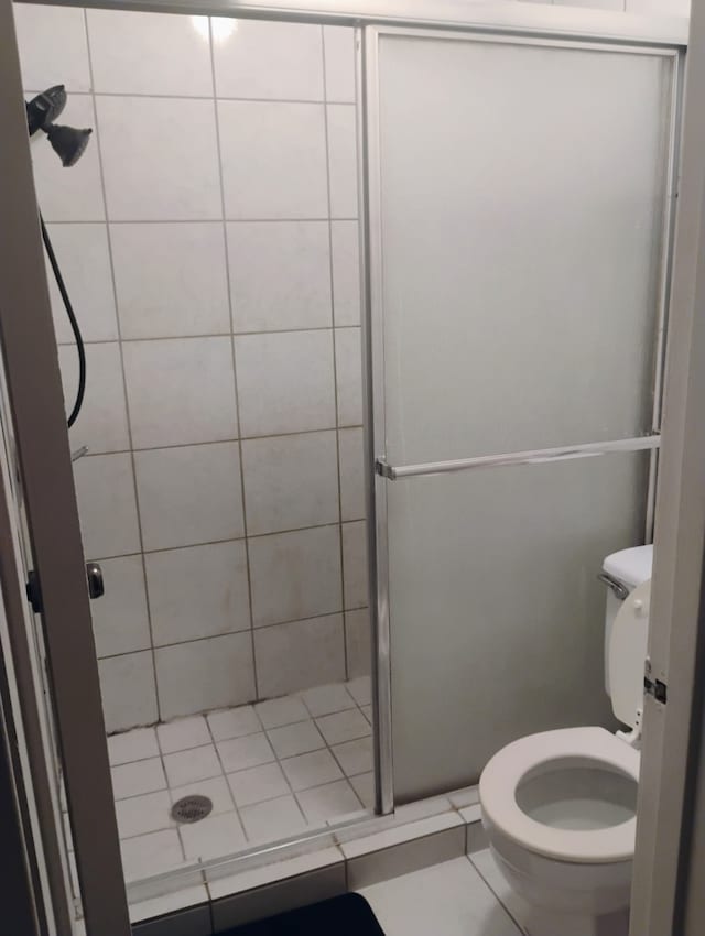 bathroom featuring toilet and a shower stall