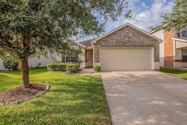 view of front of house with brick siding, an attached garage, concrete driveway, and a front lawn