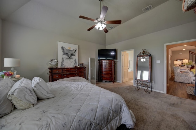 bedroom with a ceiling fan, baseboards, visible vents, and carpet floors