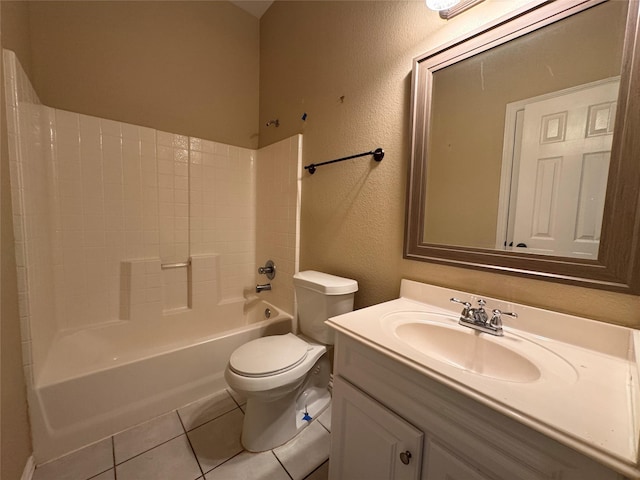 full bathroom with toilet, bathing tub / shower combination, a textured wall, tile patterned floors, and vanity