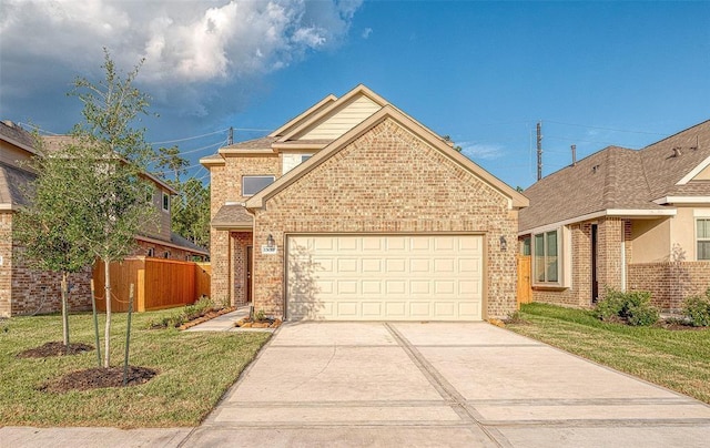 traditional-style home featuring brick siding, driveway, a front lawn, and a garage