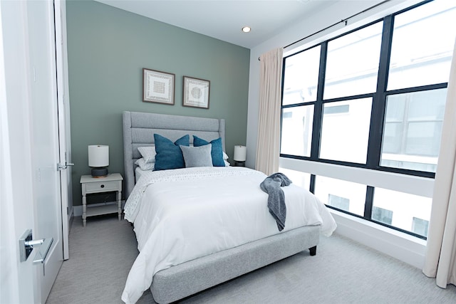 bedroom featuring carpet flooring, recessed lighting, and baseboards