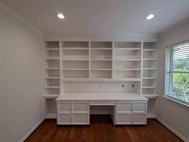 unfurnished office featuring recessed lighting, dark wood-style floors, baseboards, and ornamental molding