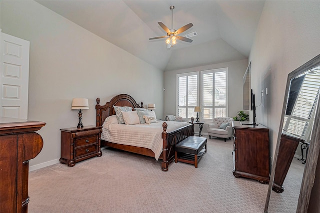 bedroom featuring visible vents, light carpet, lofted ceiling, a ceiling fan, and baseboards