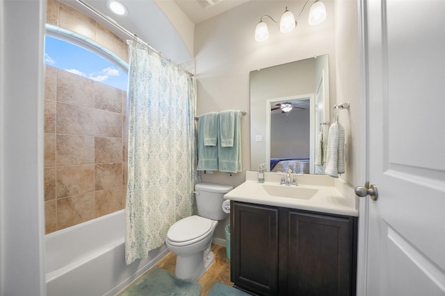 ensuite bathroom featuring vanity, shower / bath combination with curtain, toilet, and ensuite bathroom