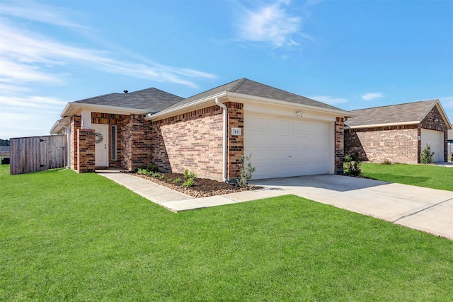 ranch-style home with driveway, a shingled roof, a front lawn, a garage, and brick siding