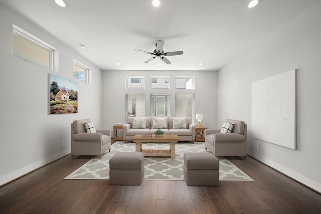 living area with recessed lighting, ceiling fan, baseboards, and hardwood / wood-style flooring