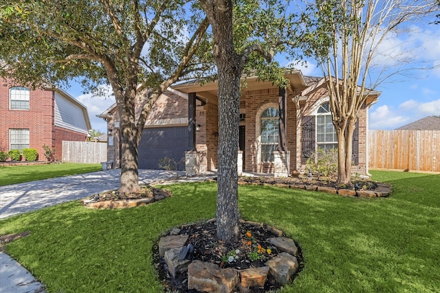 view of front of home featuring a front yard, fence, brick siding, and driveway