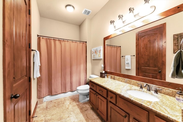 full bath featuring vanity, toilet, shower / bathtub combination with curtain, and visible vents