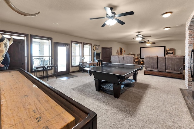 rec room with a brick fireplace and carpet flooring