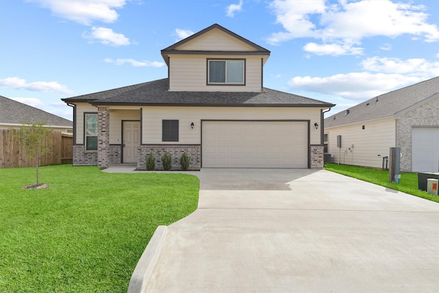 view of front facade with brick siding, concrete driveway, a front lawn, and fence