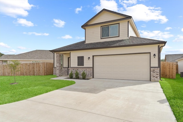 view of front of house featuring brick siding, concrete driveway, a front lawn, and fence