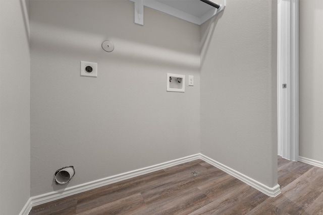 clothes washing area with hookup for a washing machine, dark wood-style floors, baseboards, hookup for an electric dryer, and hookup for a gas dryer