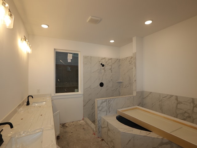 8518 Pier Cove Dr, Cypress, TX 77433 - full bathroom featuring a bath, a walk in shower, double vanity, and recessed lighting