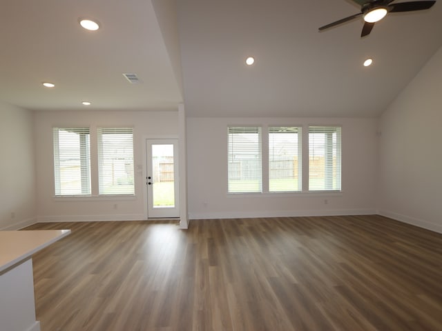 8518 Pier Cove Dr, Cypress, TX 77433 - unfurnished living room featuring ceiling fan, recessed lighting, and wood finished floors